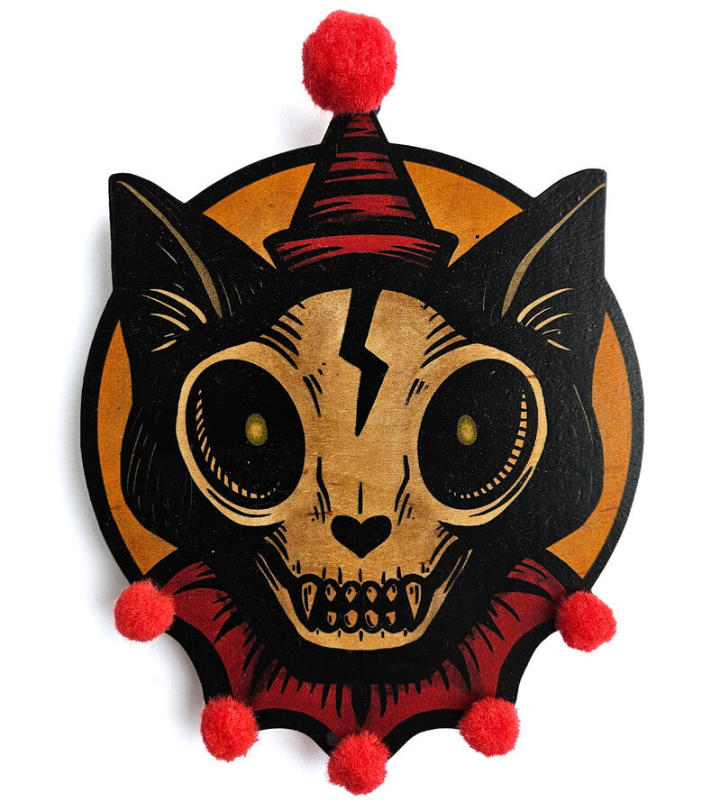 "Circus Cat" made with wood and pompoms